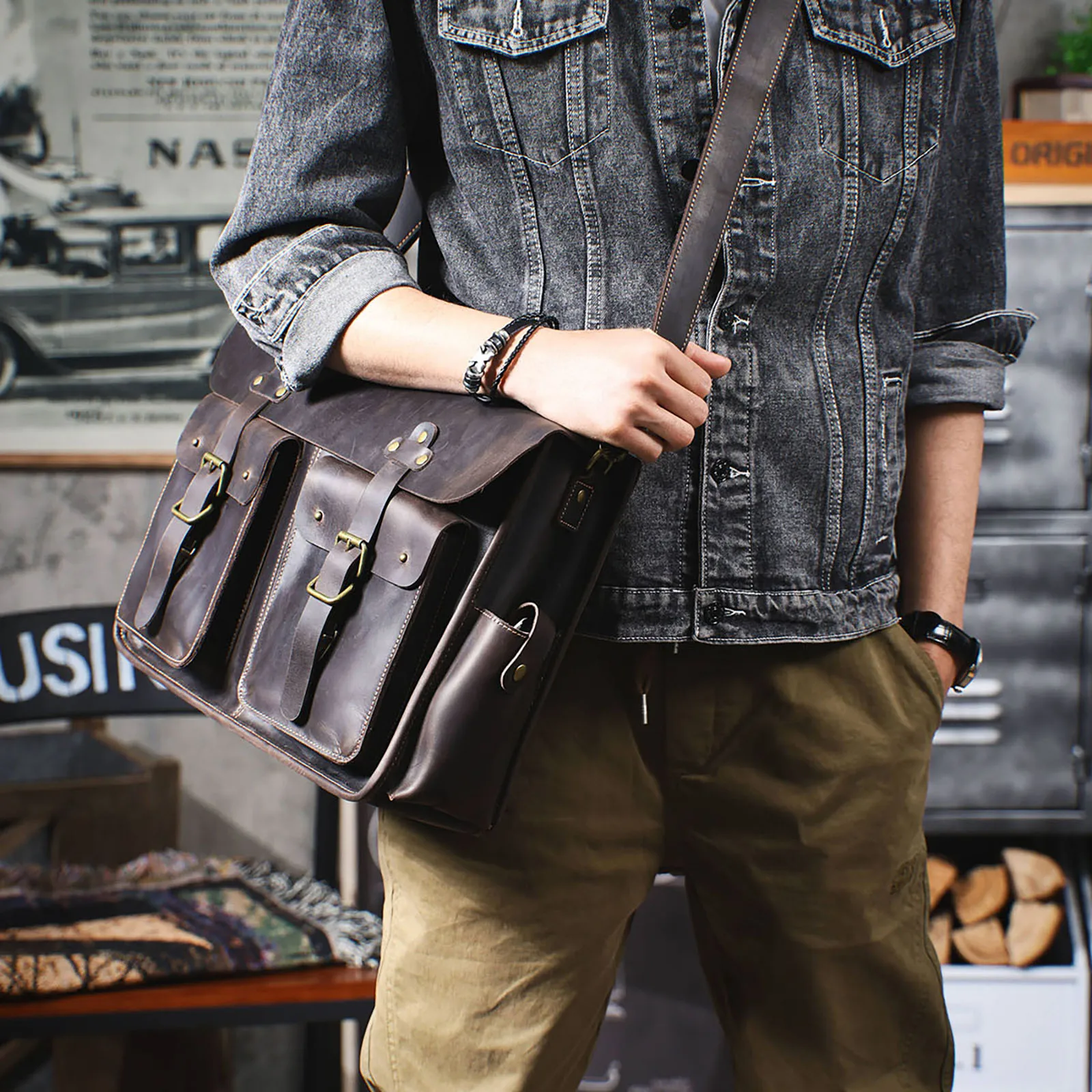 S.WORKER Vintage Echtleder Herren-Aktentasche 16" Laptop-Tasche Crazy Horse Leder Messenger-Handtasche Rindsleder Geschenkidee für Männer – Detail 5