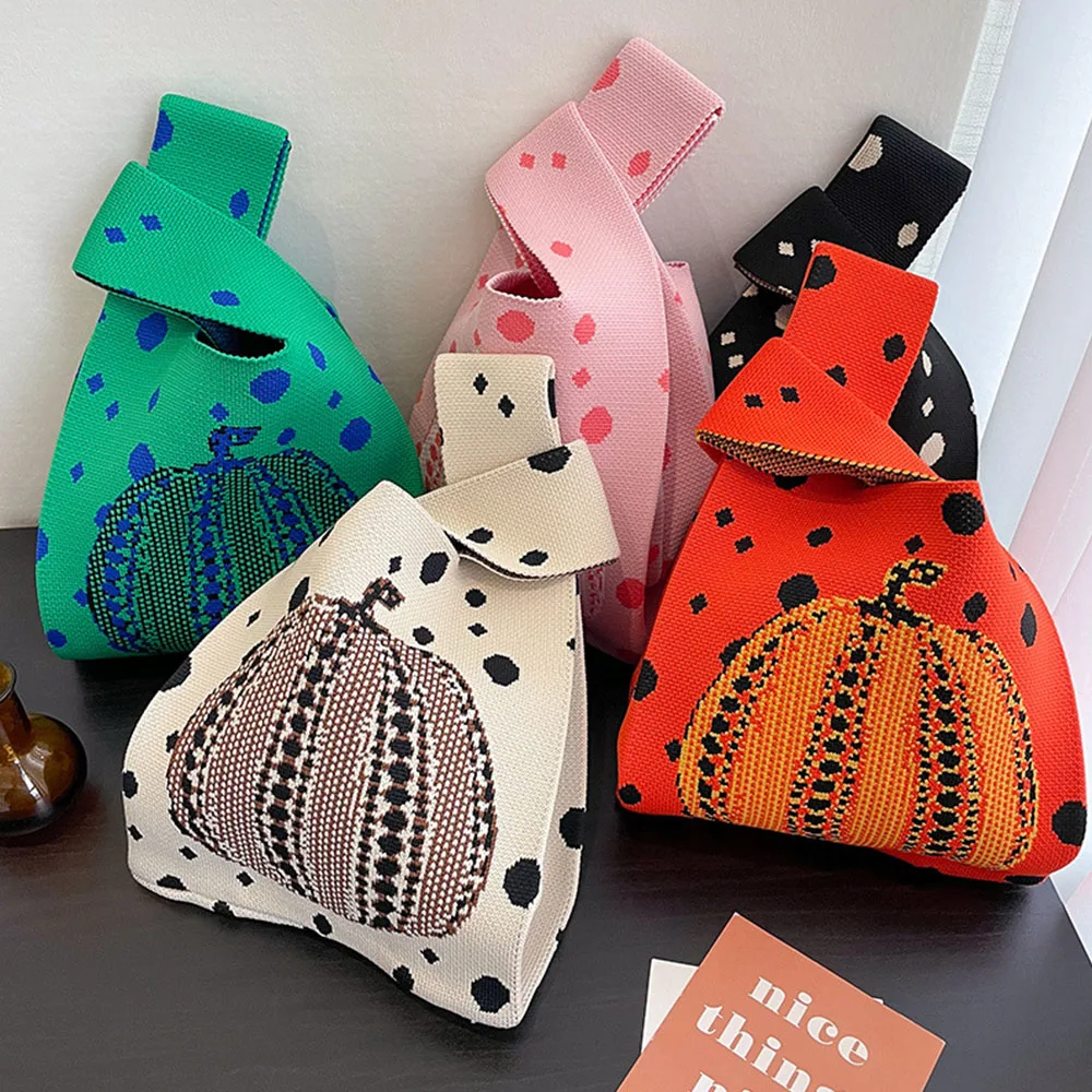 

New Printed Women Knit Handbag Cute Halloween Pumpkin Shoulder Bag Female Casual Dots Tote Bag Student Reusable Shopping Bags