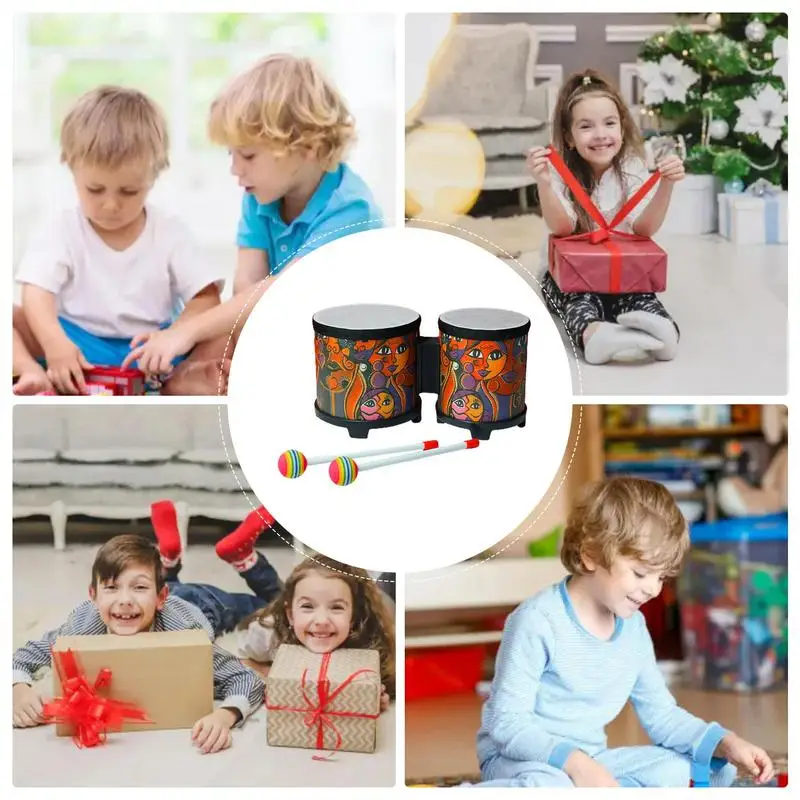 Bongo Drums pour enfants, tambour à main mignon, jouet musical, instruments de musique en bois mignons avec 2 baguettes colorées, cadeau de Noël et d'anniversaire