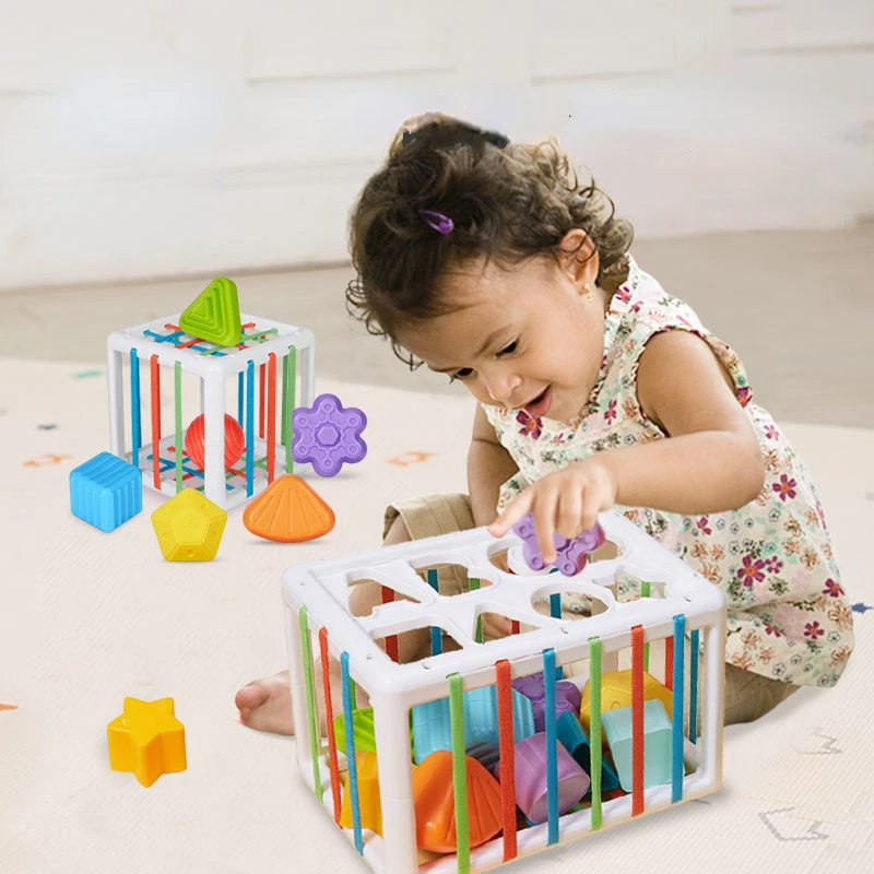 Jouets de tri de formes Montessori pour bébé, cube mentaires oriel coloré avec bandes élastiques pour la motricité fine