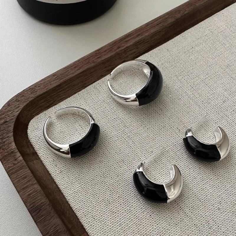 

VENTFILLE 925 Sterling Silver Black Drop Glaze Ring for Women Girl Fashion Design Simple Personality Jewelry Gift Dropshipping