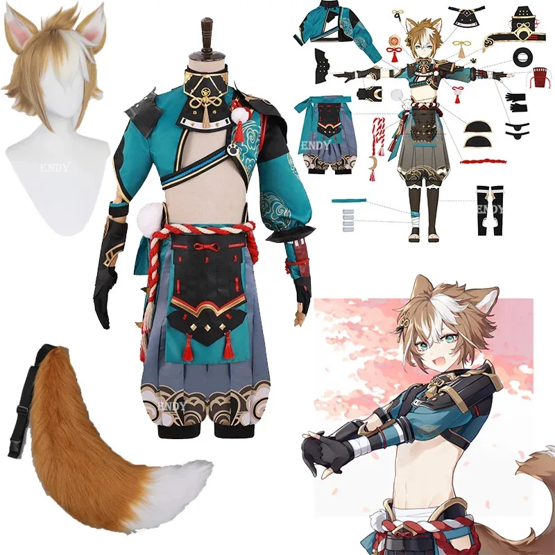 

New Genshin Impact Gorou Cosplay Costume Gorou Cosplay Costume Men Blue Fox Boy Costume Halloween Pants Tail Ears Full Set