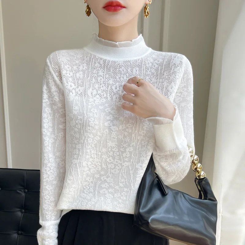 2025 French Autumn Winter Knitted Sweater mesh high Collar slim lace retro T Shirt transparent bottom blouse hollow outfit