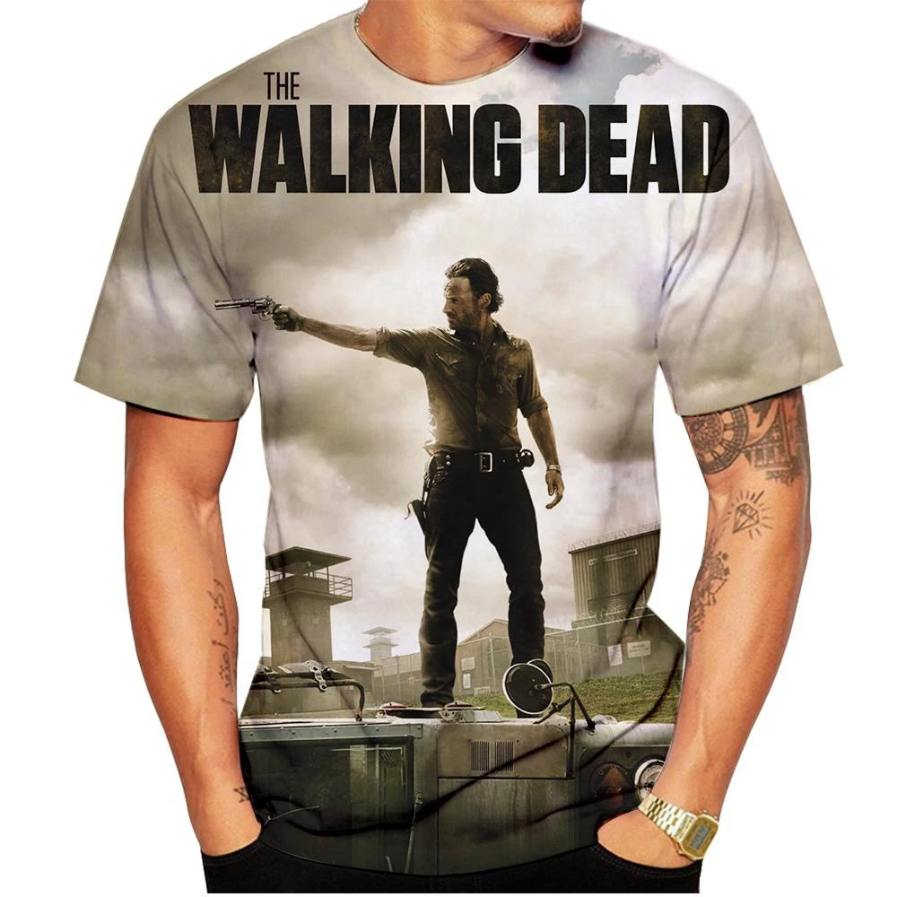 3d Tshirts For Men Vintage Oil T-shirt Street Fashion The Walking Dead Printed Short-sleeved Loose Oversized Motorcycle T-shirt