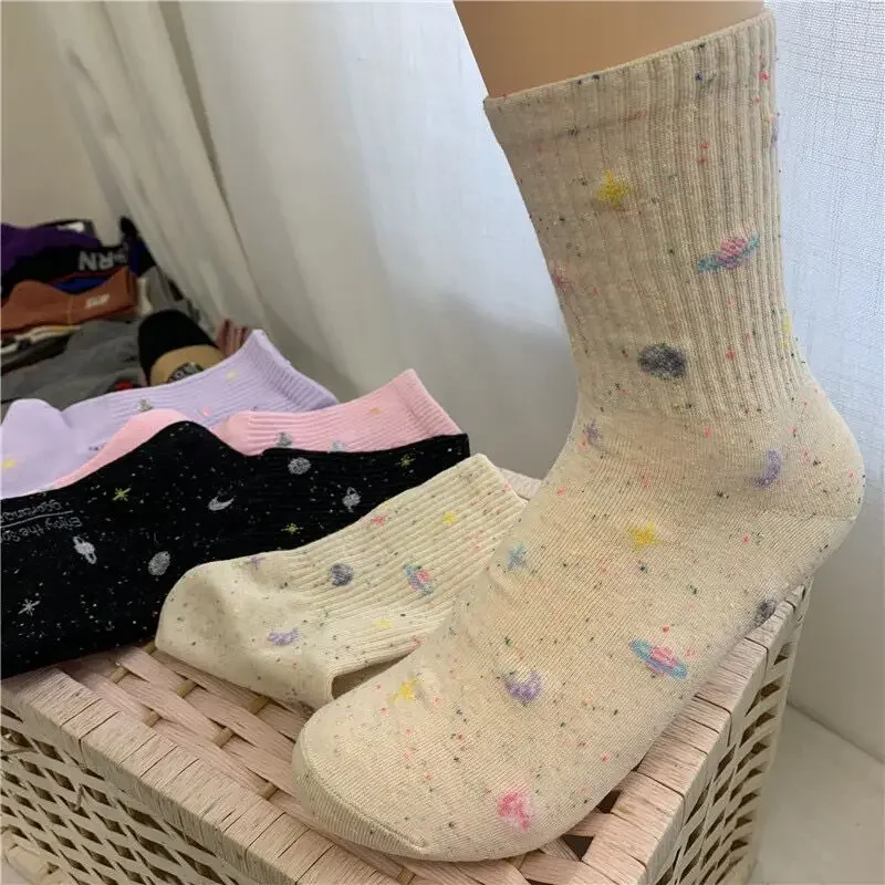 3/1pairs Planet Moon Stars Socks Women Sweet Girls Harajuku Space Tube Long Sock Streetwear Women Colorful Cute Casual Meias