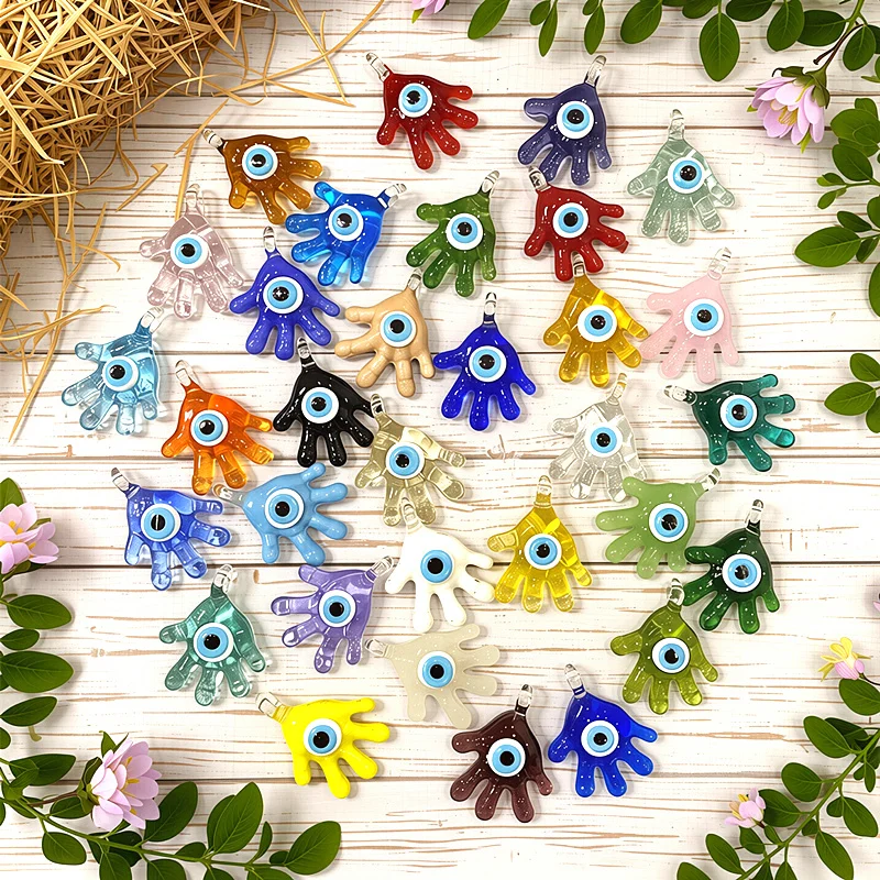 Mini Turkish Evil Eye Glass Pendant Dopamine Palm Shape Lucky Eye Charm DIY Craft Jewelry Making Accessories for Handmade Lovers