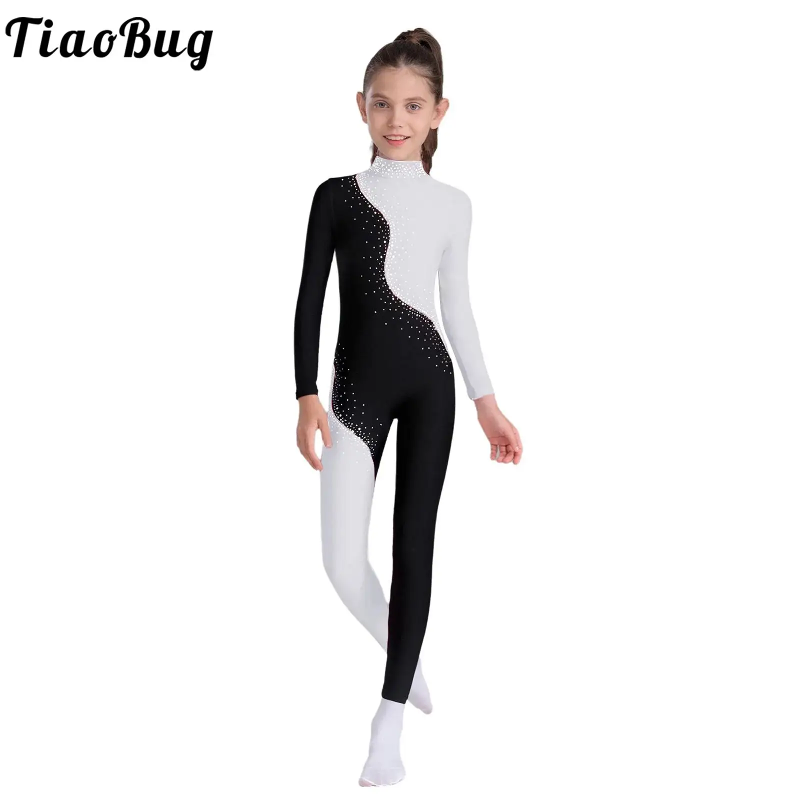 Girls Ballet Dance Gymnastics Leotard Long Sleeve Shiny Rhinestone Zipper Jumpsuit Figure Skating Acrobatics Performance Costume