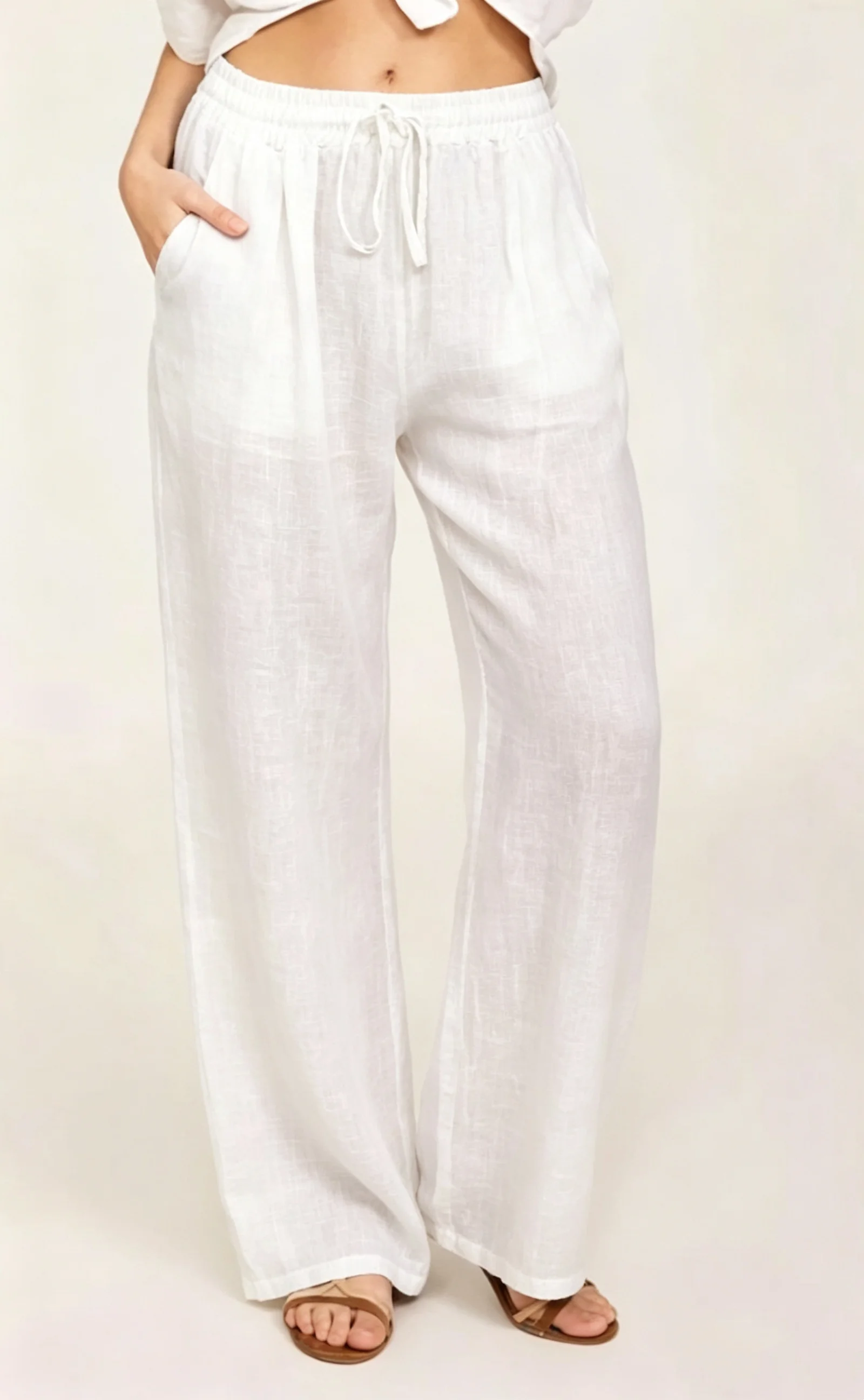 Damenhosen aus 100% Baumwolle für Sommer und Herbst, einfarbige, hochtaillierte, gerade geschnittene Hosen, lockere, atmungsaktive Freizeithosen aus Hanf für Damen, Sport-Hosen. – Detail 7