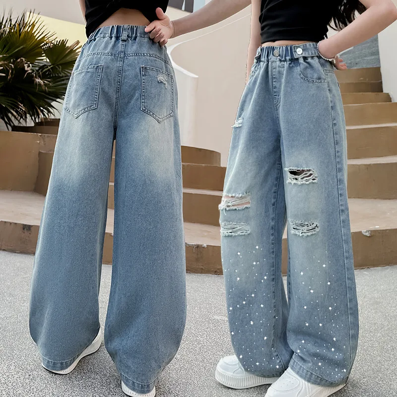 Girls Jeans Spring Summer New Children's Korean Edition Broken Hole Hot Diamond Denim Wide Leg Pants Trendy Cool Kids Pants