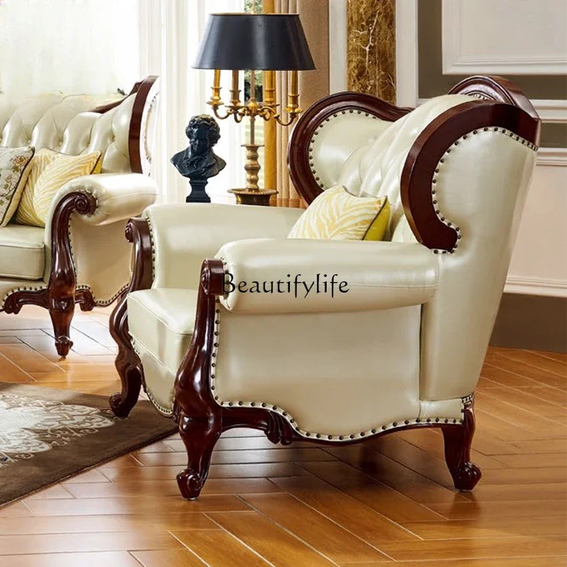 

American style solid wood leather sofa, living room size, European style retro and simple top layer cowhide three person sofa