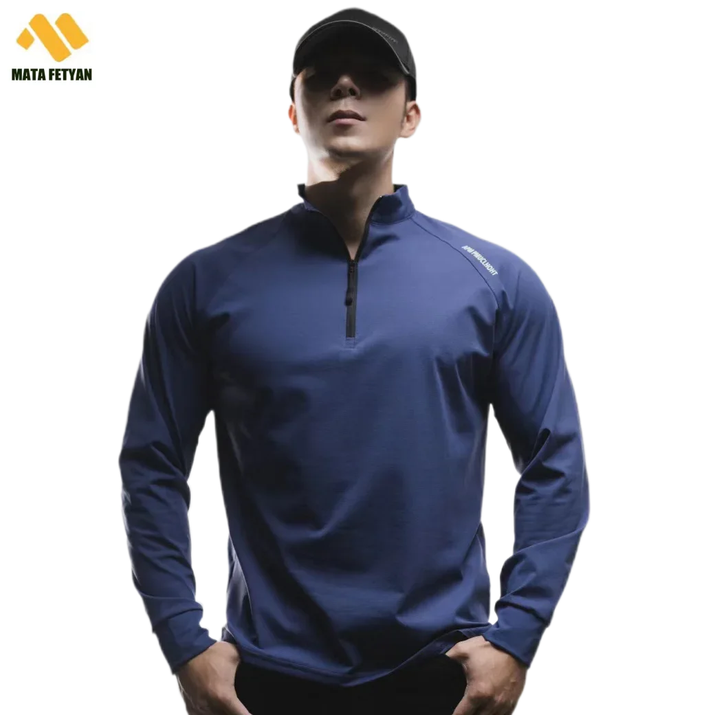 muscle new men's sports Golf wear men long sleeve T-shirt casual running gym training zipper print loose tops polo Men t-shirt