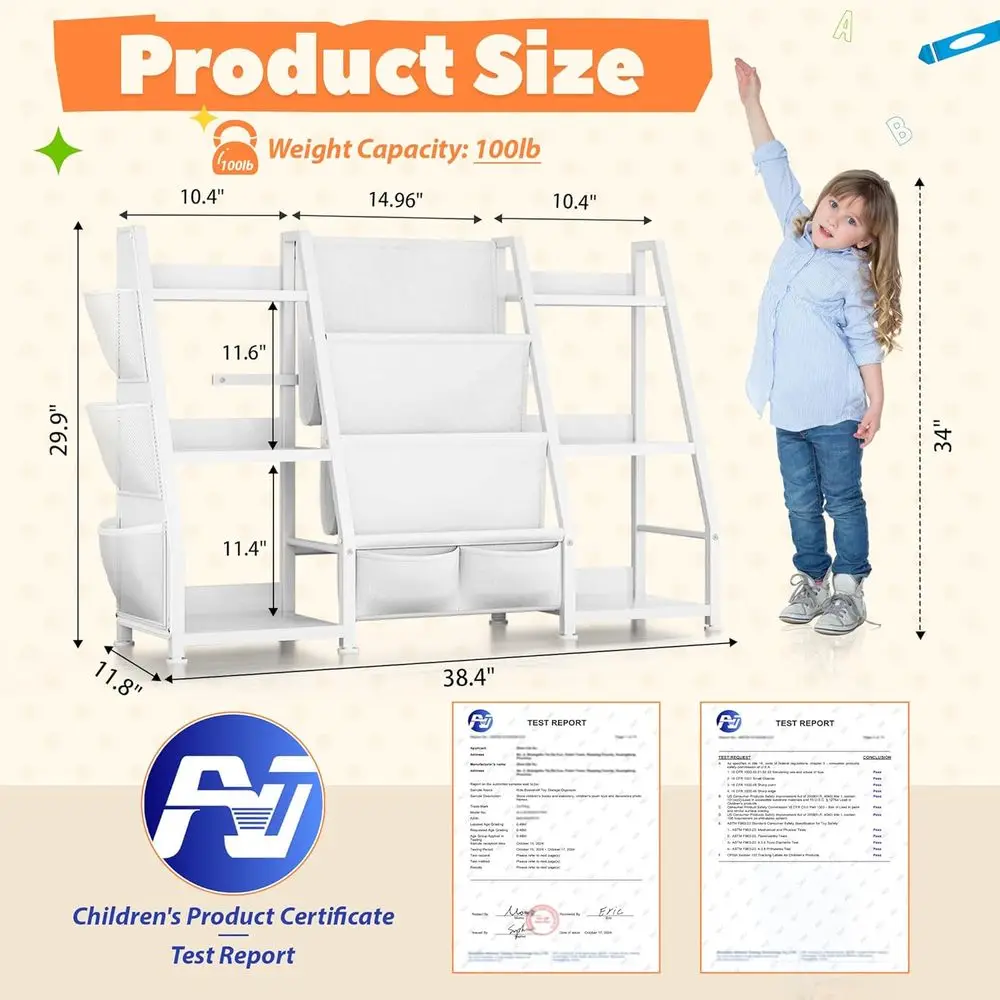 رف كتب للأطفال، خزانة كتب كبيرة للتخزين: منظم ألعاب رف كتب أبيض مكون من 3 طبقات للأطفال الصغار - رف عرض مع 3 جيوب لـ #2