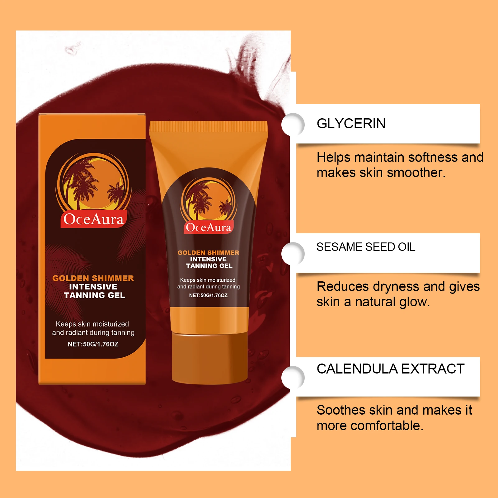 OceAura Golden Shimmer Intensive Tanning Gel - Outdoor Bronzing Gel with Golden Glow, Sesame Oil & Calendula - Deep Moisturizing, Fast & Even Bronze, Non-Greasy, 50g