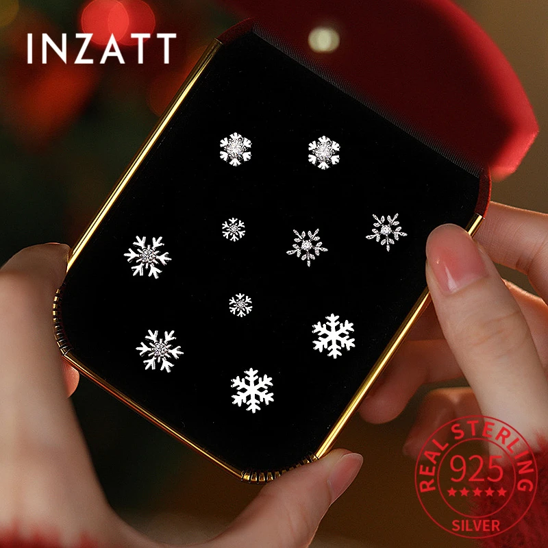 

INZATT Real 925 Sterling Silver Zircon Snowflake Stud Earrings for Women Cute Fine Jewelry Minimalist Accessories Christmas Gift