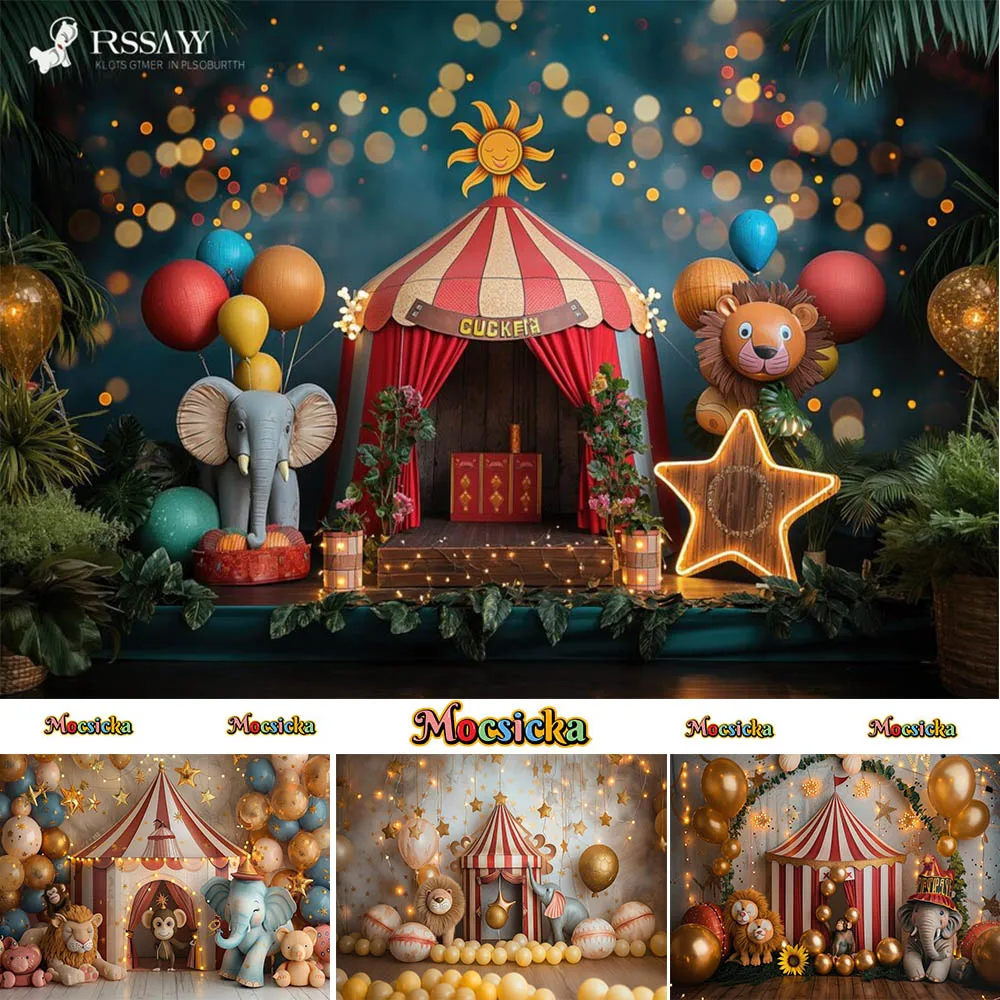 Mocsicka การถ่ายภาพพื้นหลัง Circus ลูกโป่งที่มีสีสันสิงโตช้างตกแต่งเด็กวันเกิดพื้นหลังสตูดิโอ Props