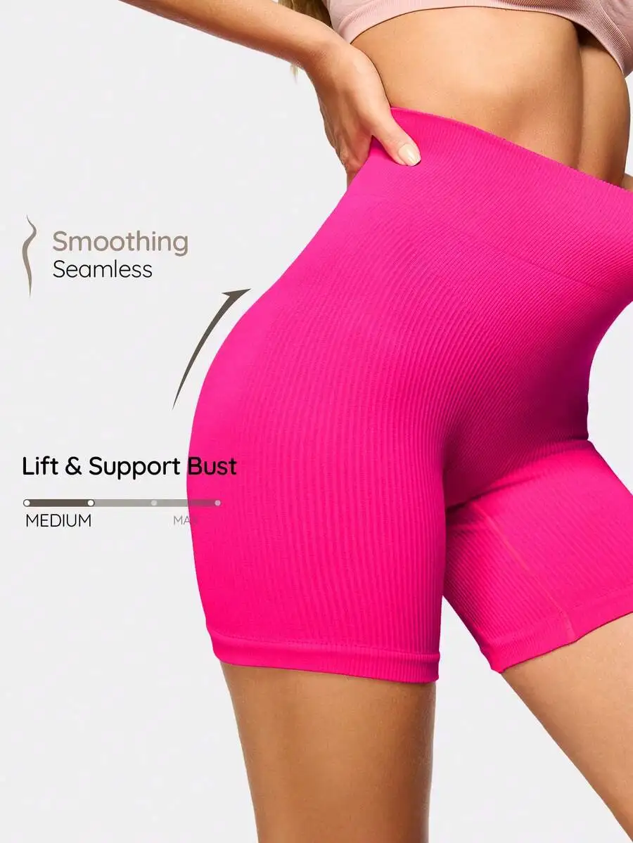 SHAPORA Women's Summer Casual Sports Minimalist Solid Color Ribbed Knit High Waist Shapewear Shorts
