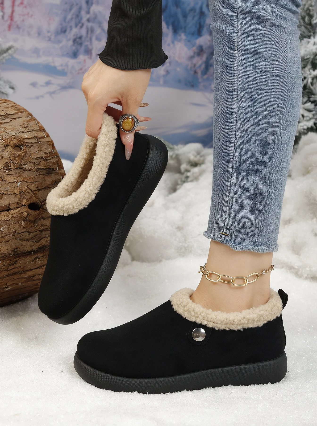 Damen-Winterstiefeletten, aus Kunstlederimitat, mit Teddy-Fleece-Futter, zum Hineinschlüpfen, warm, mit runder Spitze, rutschfester, dicker Sohle, im Retro-Stil, Baumwollstiefeletten. – Detail 13