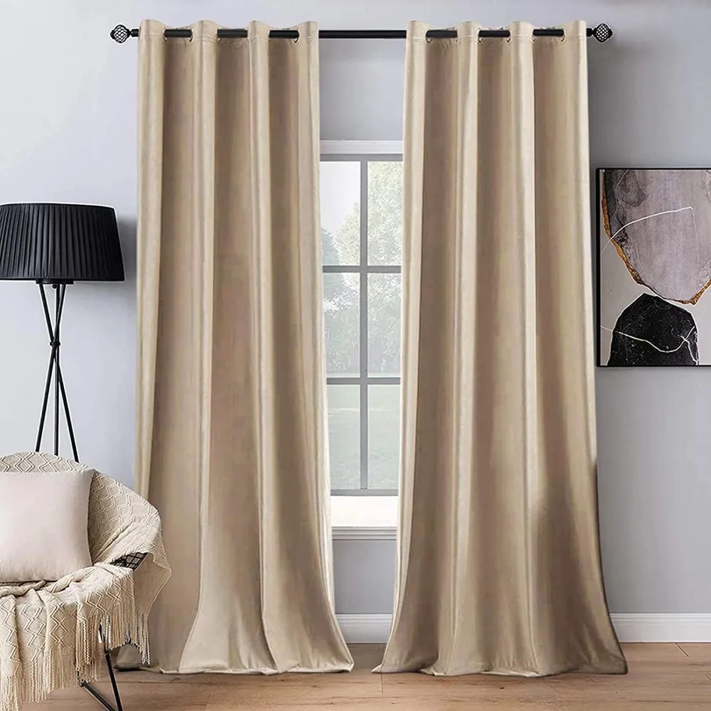 2 Panels Blackout Velvet Curtains Solid Soft Grommet Camel Beige Curtains Thermal Insulated Soundproof Room Darkening Black Out