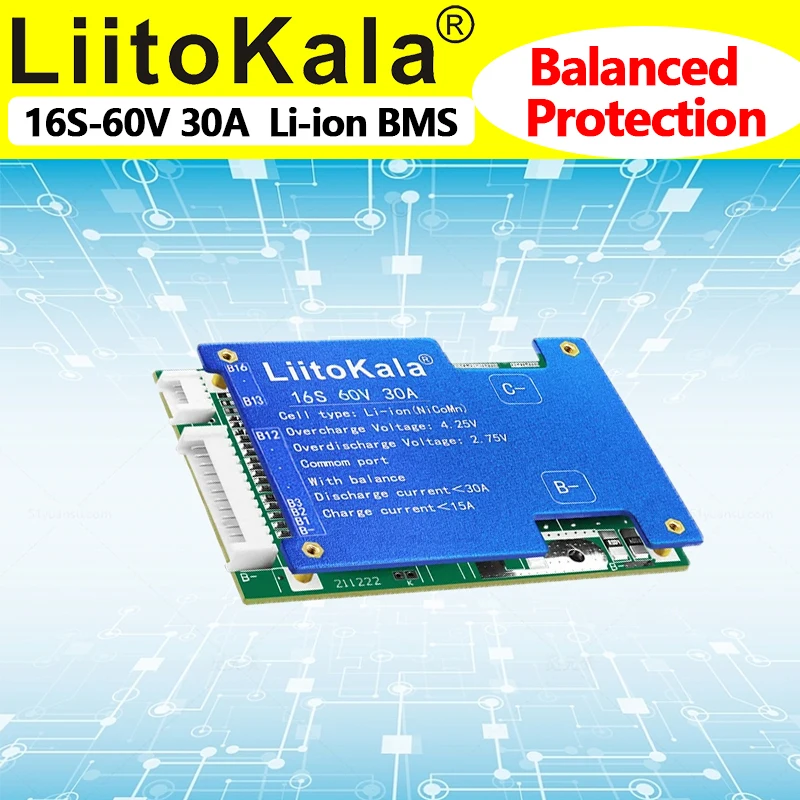 Liitokala 16S 60V30A BMS scheda di protezione ricarica batteria al litio con bilanciamento, stessa porta batteria agli ioni di litio PCM 60V BMS