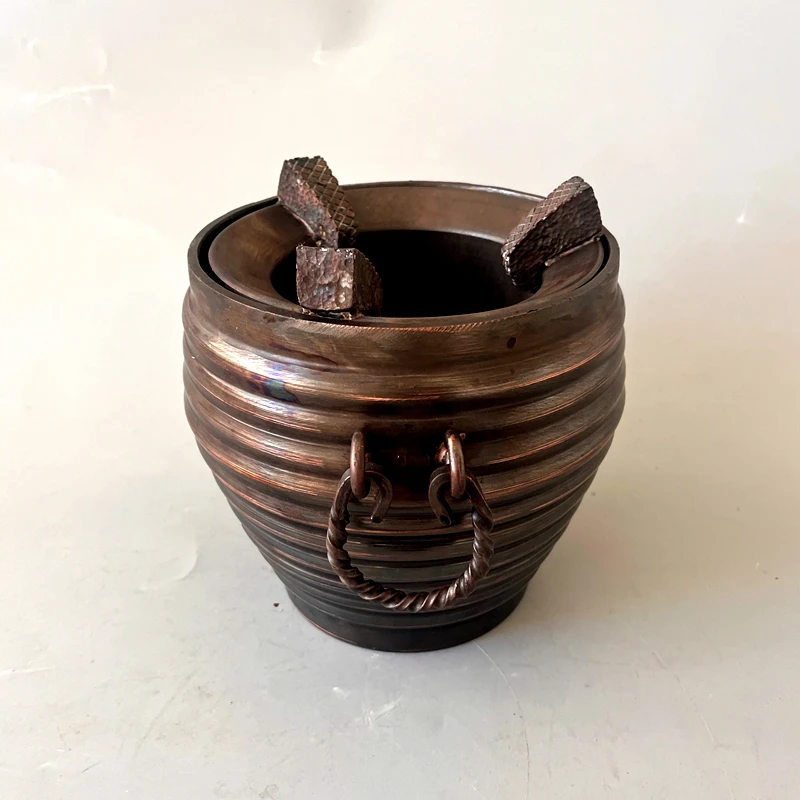 Vintage Pure Copper Thick Milk Tea Stove with Double Handle Large Capacity Charcoal Heating Set Handcrafted