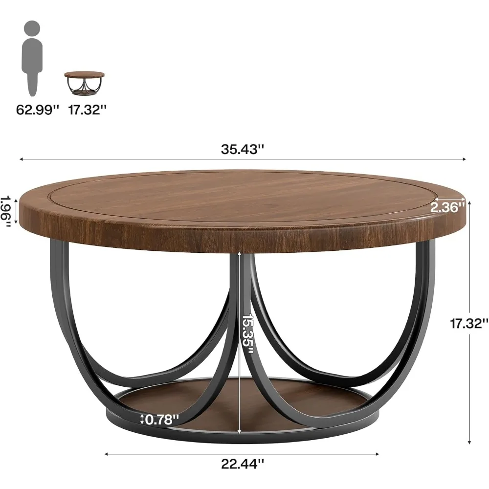 Round Two-Tier Wooden Coffee Table with Metal Frame and Storage Shelf