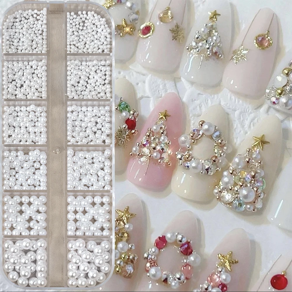 12グリッドホワイトパールボールクリスマスネイルチャーム3DラウンドフラットバックパールキャビアビーズネイルジュエリークリスマスパールDIYネイルアクセサリー