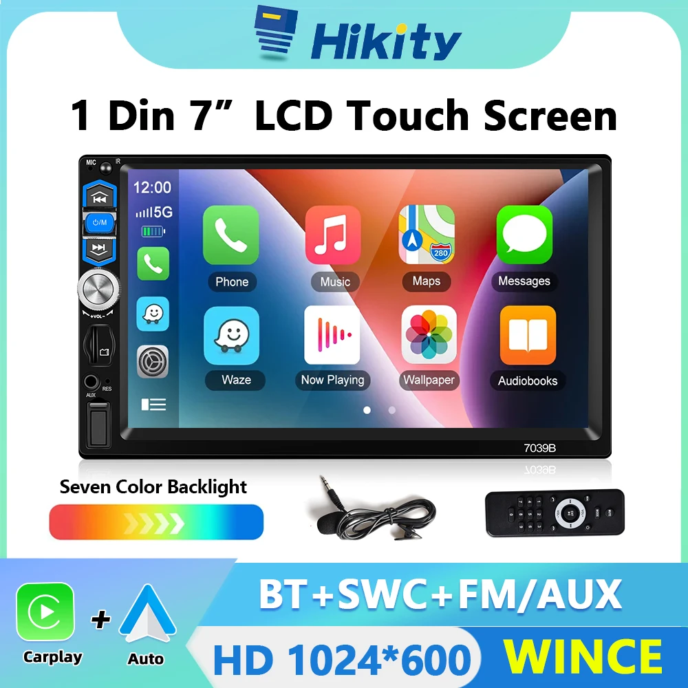 Hikity 7"Car Radio Autoradio 1Din LCD Touch Screen Multimedia Player Audio Stereo Bluetooth Car Audio Support Mirror-Link