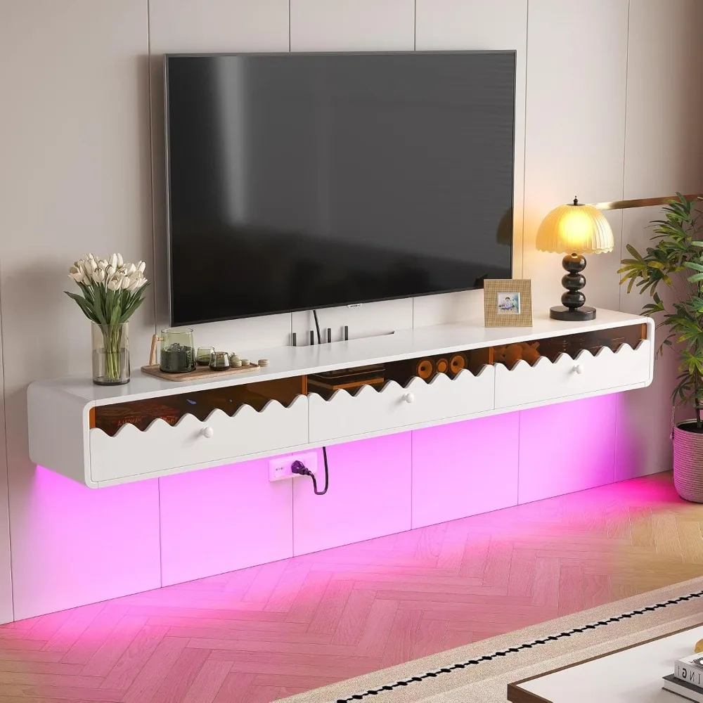 حامل تلفزيون عائم، زجاج مموج مثبت على الحائط مقاس 47 بوصة مع باب وأدراج قابلة للطي، وحدة تحكم ترفيهية حديثة للوسائط