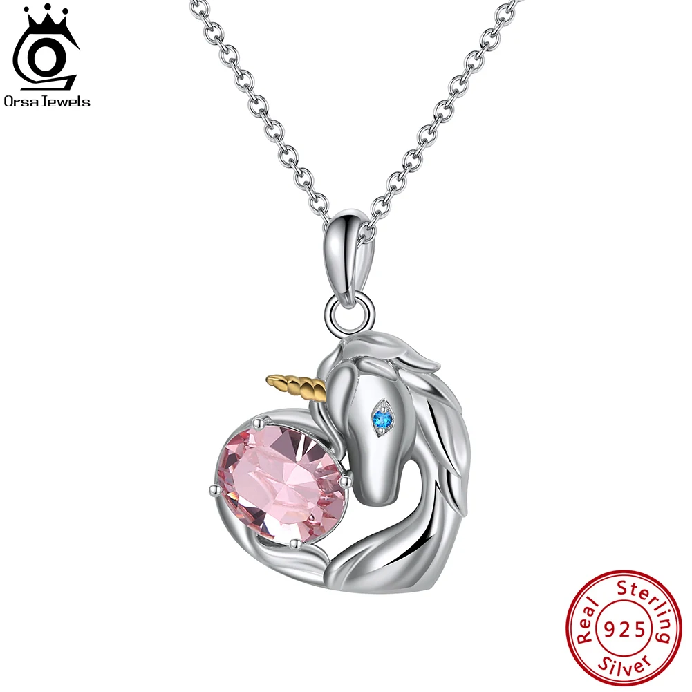 ORSA JEWELS Soild 925 Sterling Silver Heart Pendant Necklace For Women Sweet Pink Crystal Zirconia Chain Necklace 45cm SSWN20