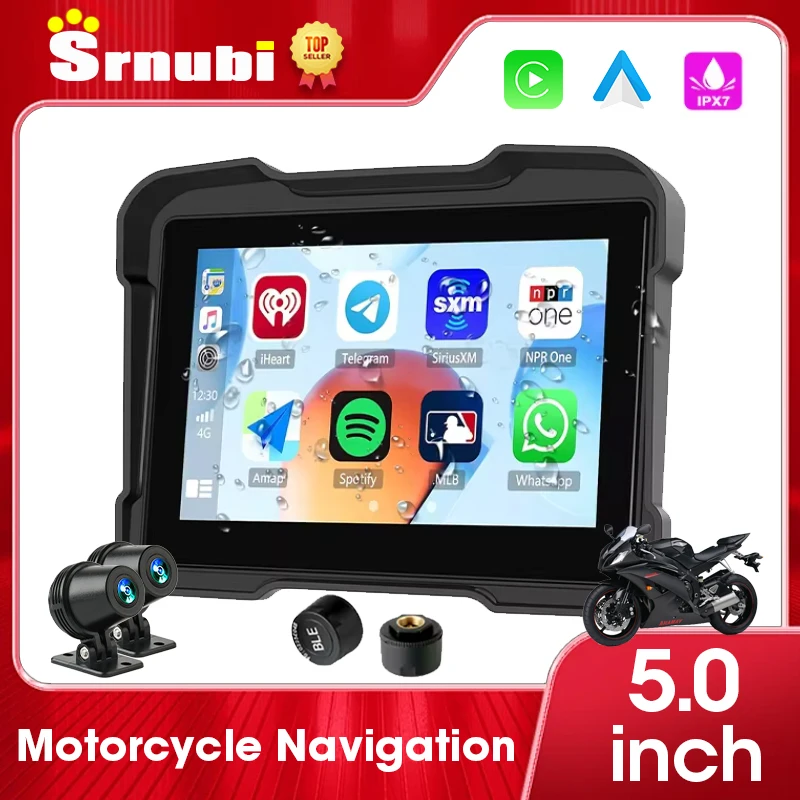 Srnubi 5inch Wireless CarPlay Moto Android Auto Portable Digital Motorcycle Dashboard GPS Navigation Display Screen TPMS Monitor