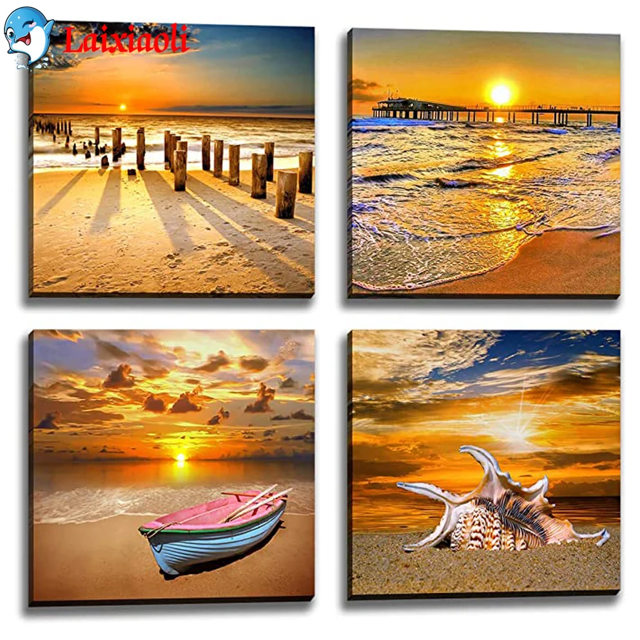 5D DIY Diamond Embroidery Beach ocean pictures Landscape Wall Art Diamond Painting sunset Seaside Cross Stitch Home Decor 4 pcs