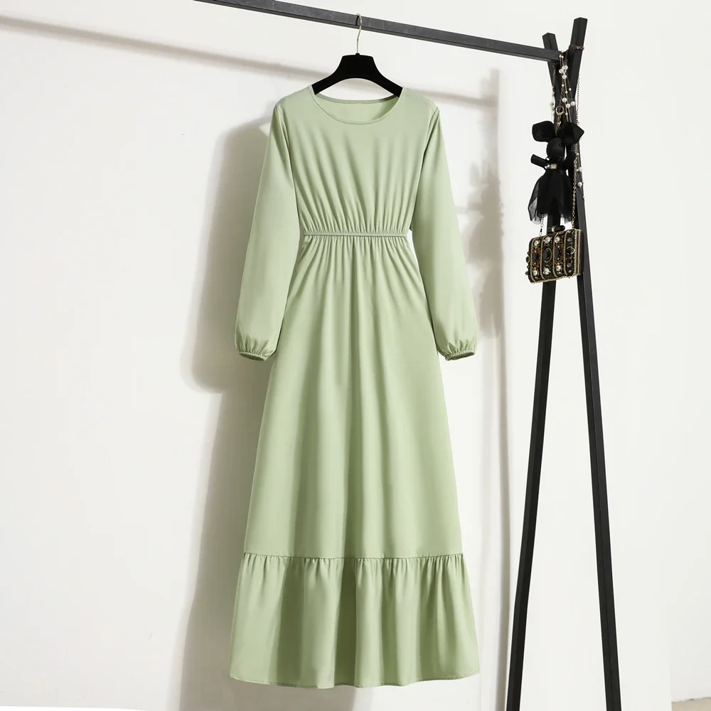 Spring Autumn Fashion Female Vestidos Solid Full Sleeve A-line O-neck Casual Chiffon Dress Women Muslim Long Dress Maxi Dresses