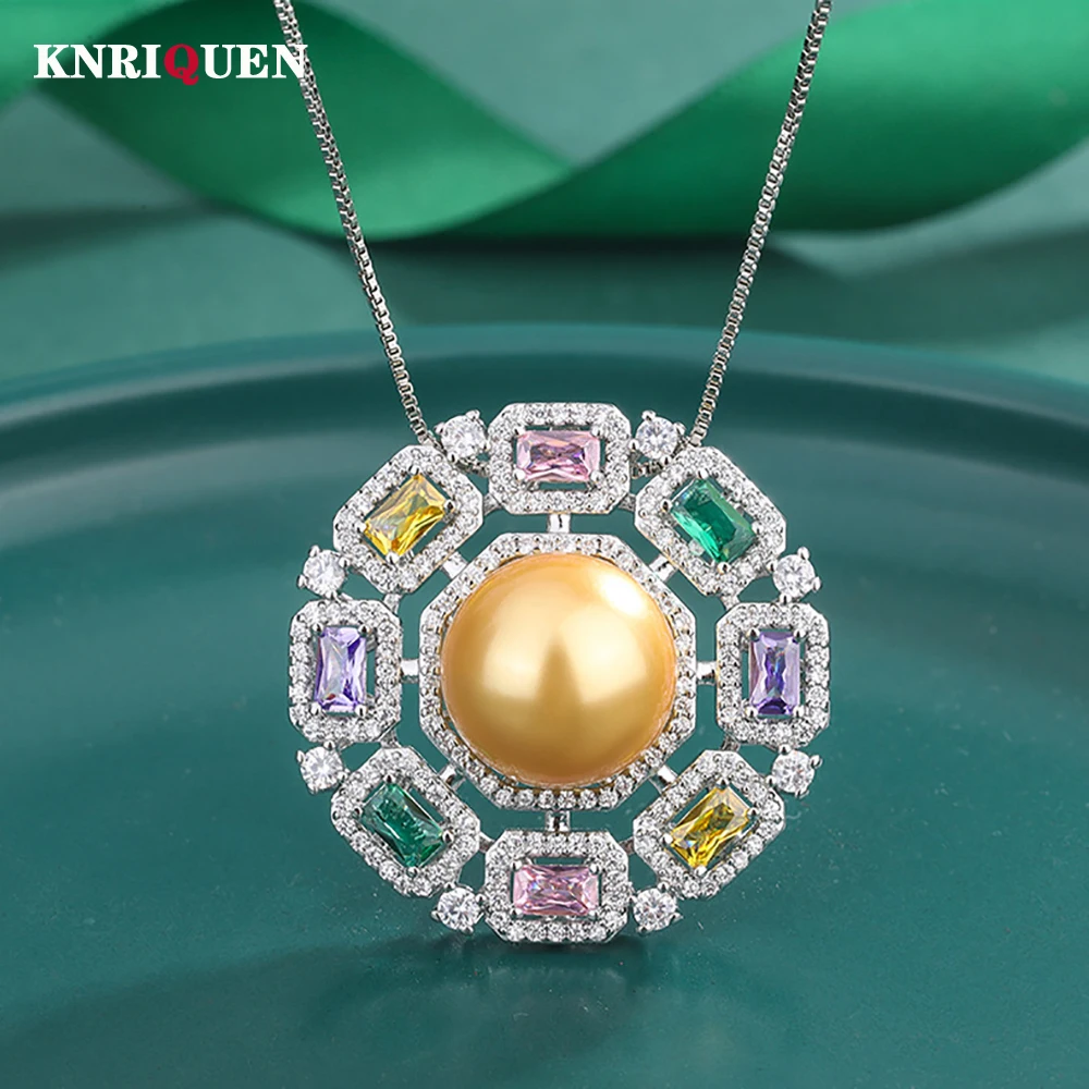 

Luxury 14mm White Gold Big Pearl Gemstone Pendant Necklace for Women High Carbon Diamonds Party Fine Jewelry Anniversary Gifts