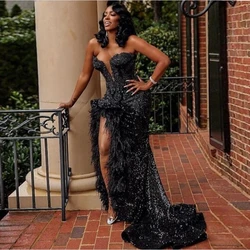Black Sexy Sweetheart Prom Dresses Sequined Strapless  Feather High Split Mermaid Evening Gowns Formal Party Robes Customized