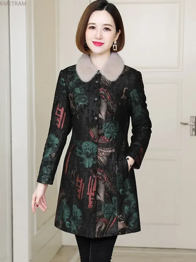 本物のシープスキンレザージャケット女性秋冬ミッドレングスダウンコートミンクの毛皮の襟スリムレザージャケット女性服