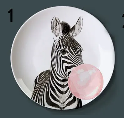 Zebra Rhinoceros Deer Blown Bubble Ceramic Plate Animal Collection Sign Board Art Decor Wall Hanging Dish Living Room Decoration