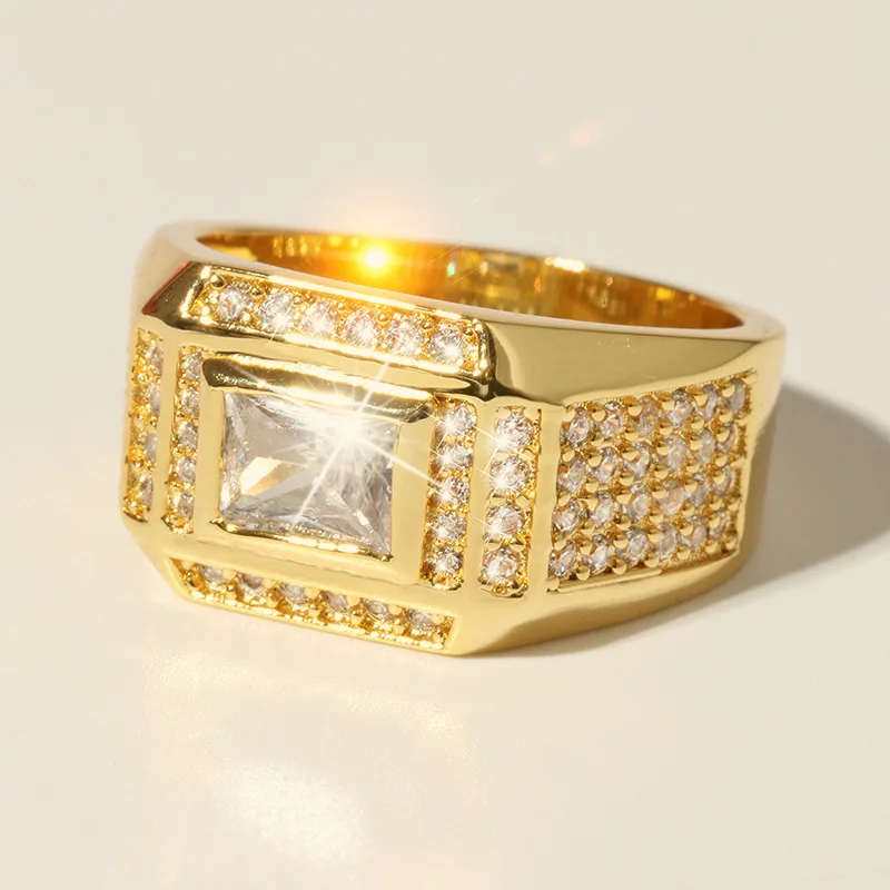 Vintage 925 Sterling Silver Bling Crystal Filled Gold Color Signets Rings for Men Fashion Jewelry Gift Wedding Ring Size 7-12