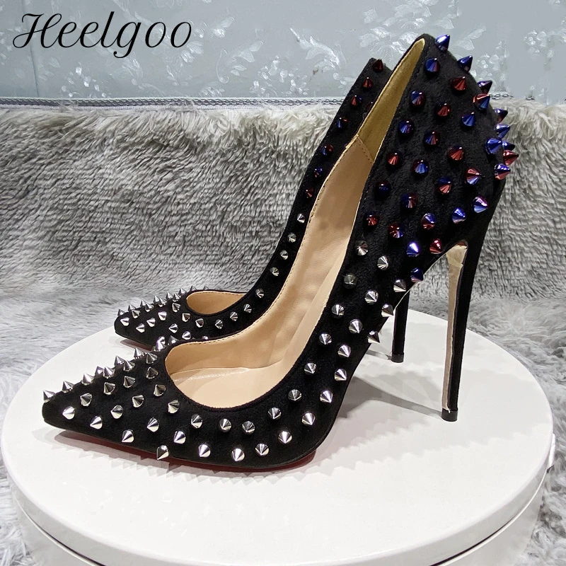 

Heelgoo Full Spikes Women Black Faux Suede Pointy Toe High Heel Shoes Exaggerate Studs Sexy Flock Stiletto Pumps for Party