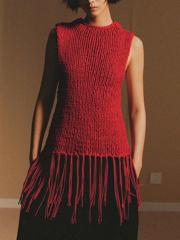 Wiosenna Nowość Damska Dzianinowa Wyszczuplająca Okrągła Bluzka z Frędzlami Dekoracyjnymi Wysoki Stan Do Pracy Średniej Długości Dr