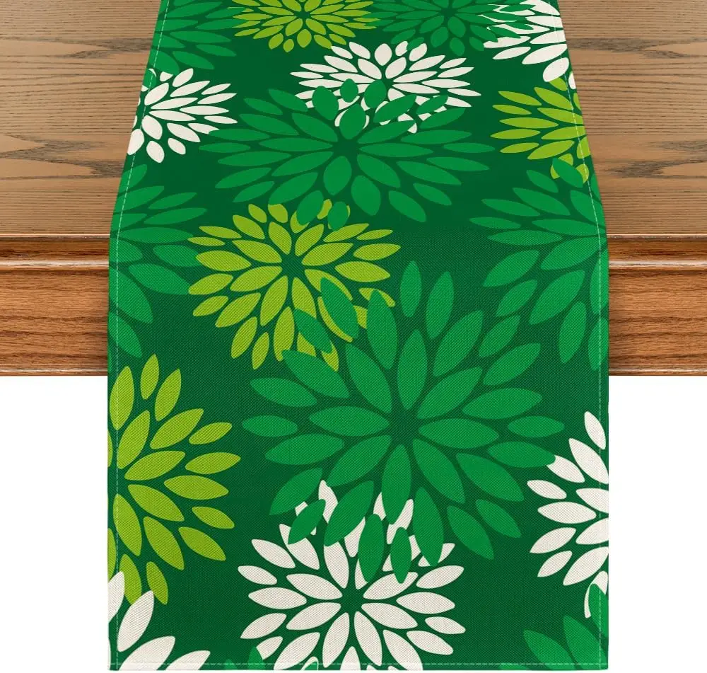 

Green Dahlia Floral Boho St.Patrick's Day Linen Table Runner Green and White Print Flower for Dinner Table Wedding Party Decor