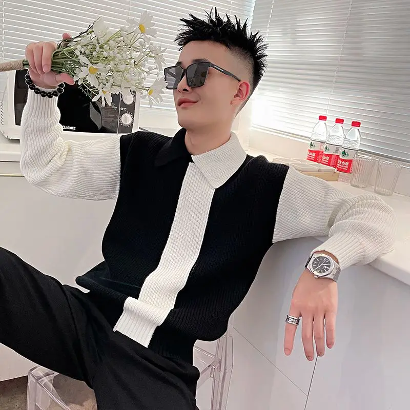 Jesienno-zimowa KPOP Fashion Harajuku Slim Fit dzianina luźna na co dzień wszystkie zapałki z klapą kontrastujące kolory swetry