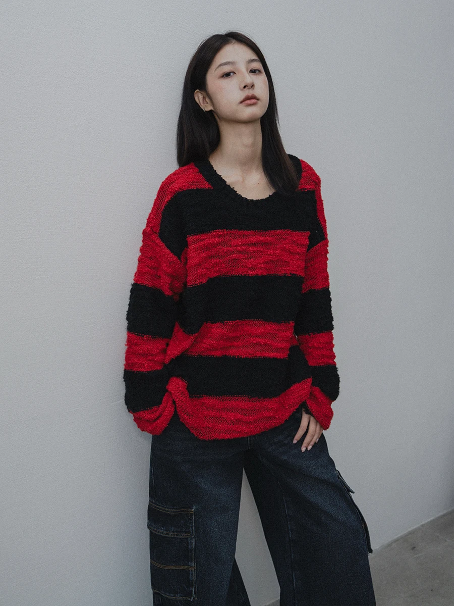 

Laid-ba Sle Loose Women's Knitwear Sweater Striped Color Blo Design Autumn Winter Polyester Blend Long Sve round Ne