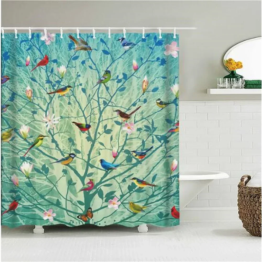 Flowers Birds Shower Curtains Pink Flower Butterfly Parrot Plant Leaf Tropical Bath Curtain Home Bathroom Decor Set Cortina Baño