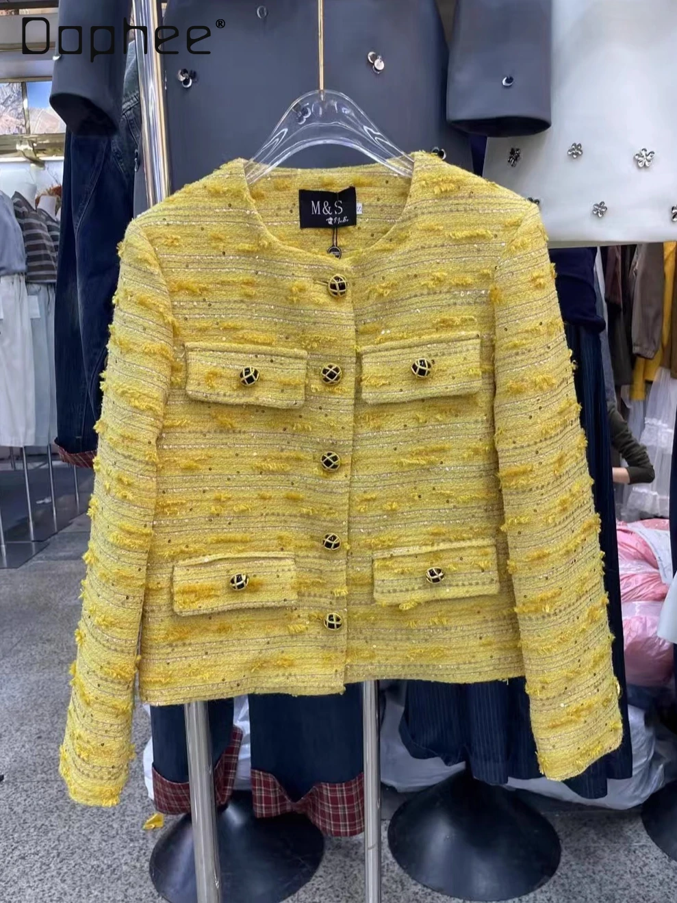 

High-end Socialite Retro Round Neck Single-breasted Jacket Light Luxury Elegant Tweed Top Korean Ins Trend Loose Casual Coats