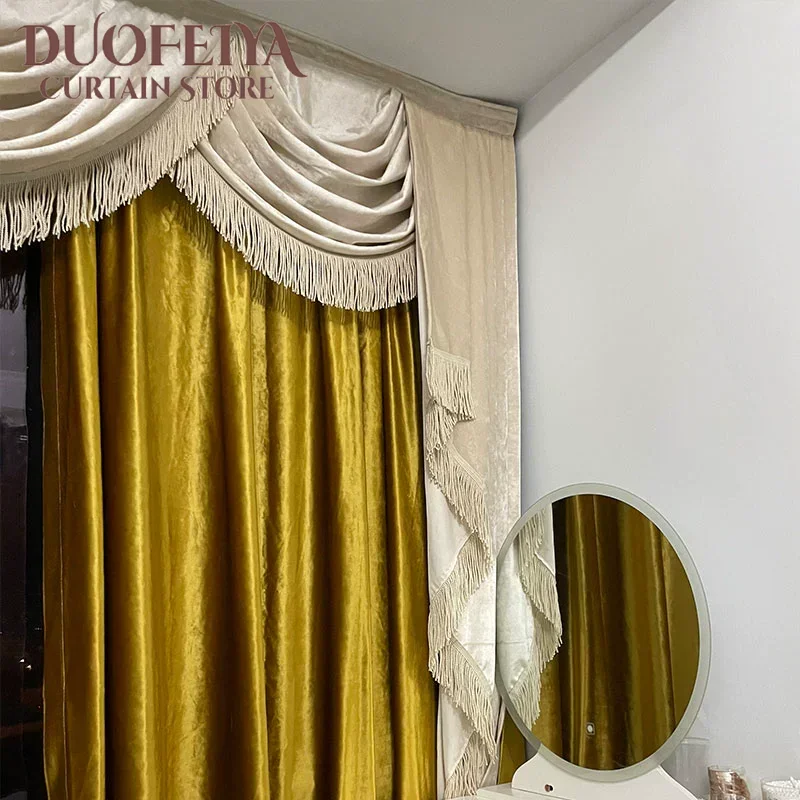 

New Light Luxury and Minimalist American Style Pizza Window, Blackout Yellow True Velvet Curtains for Living dining room bedroom