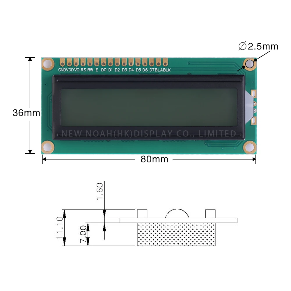 وحدة شاشة LCD بحروف سوداء ، وحدة تحكم LCD1602A ، LCD1602A ، V ، 2x16 ، 50x36x11 ، ST7066U