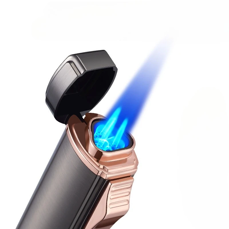 Equipped with Cigar Drill Bit Three Flame Straight Blue Flame Inflatable Lighter Cigar Lighter Portable Smoking Tool Men's Gift