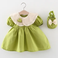 2Piece Summer Set Baby Girl Clothes Korean Cute Doll Collar Short Sleeve Cotton Princess Pink Dress+Bag Toddler Dresses BC514