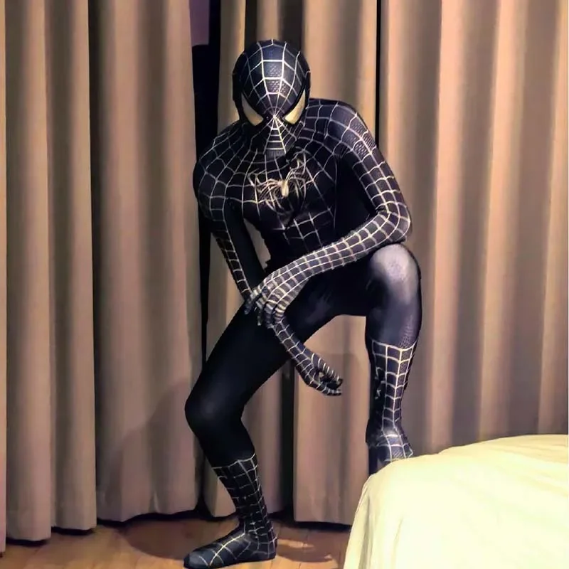 الكبار العنكبوت الأسود الذكور تأثيري حلي هالوين بوريم مهرجان Morphsuit صحيح التايلاندية بذلة سبايدرمان الزي كامل الجلد ضيق