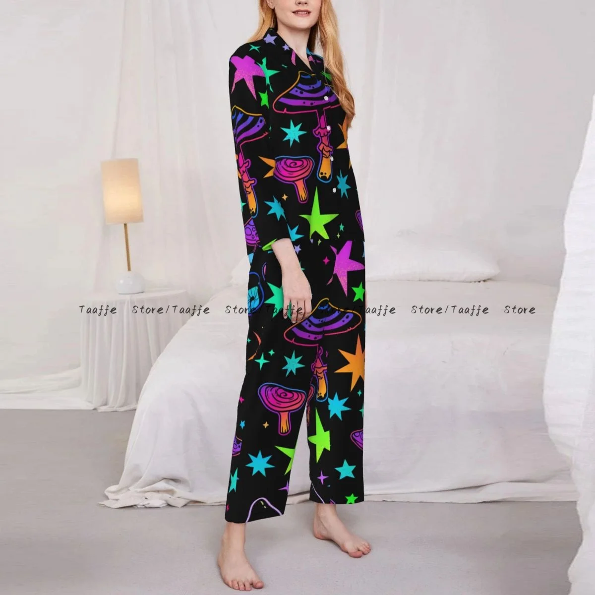 Women Sleepwear Loungewear Stars And Psychedelic Mushrooms Long Sleeve Lapel Neck Shirt and Elastic Waist Pants Pajamas Set